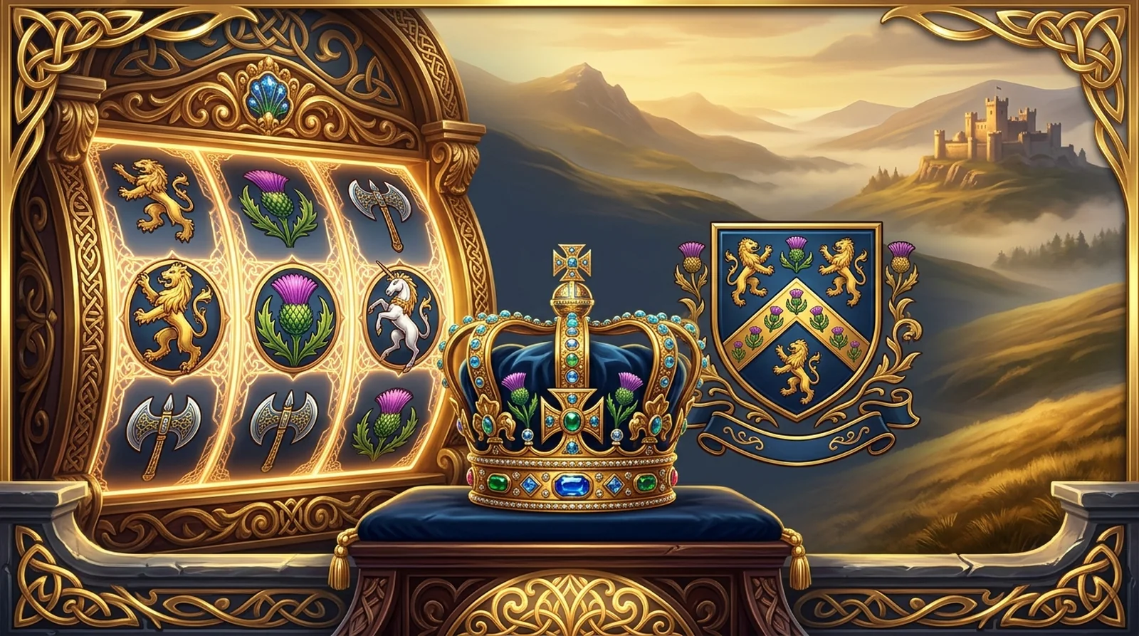 King Hills Casino UK independent review, slate-blue and gold highland crown theme